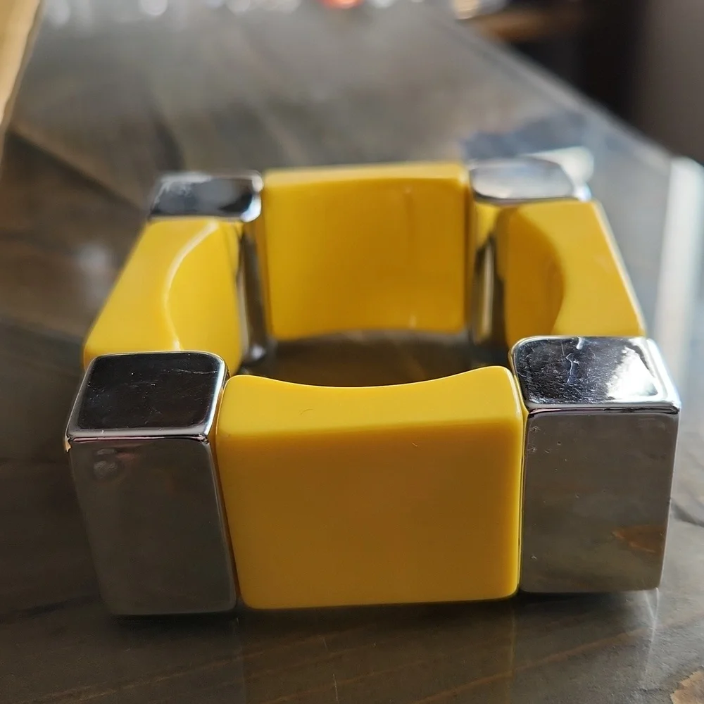 Yellow and Silver Stretch Bracelet Square Shape Geometric Chunky Bangle